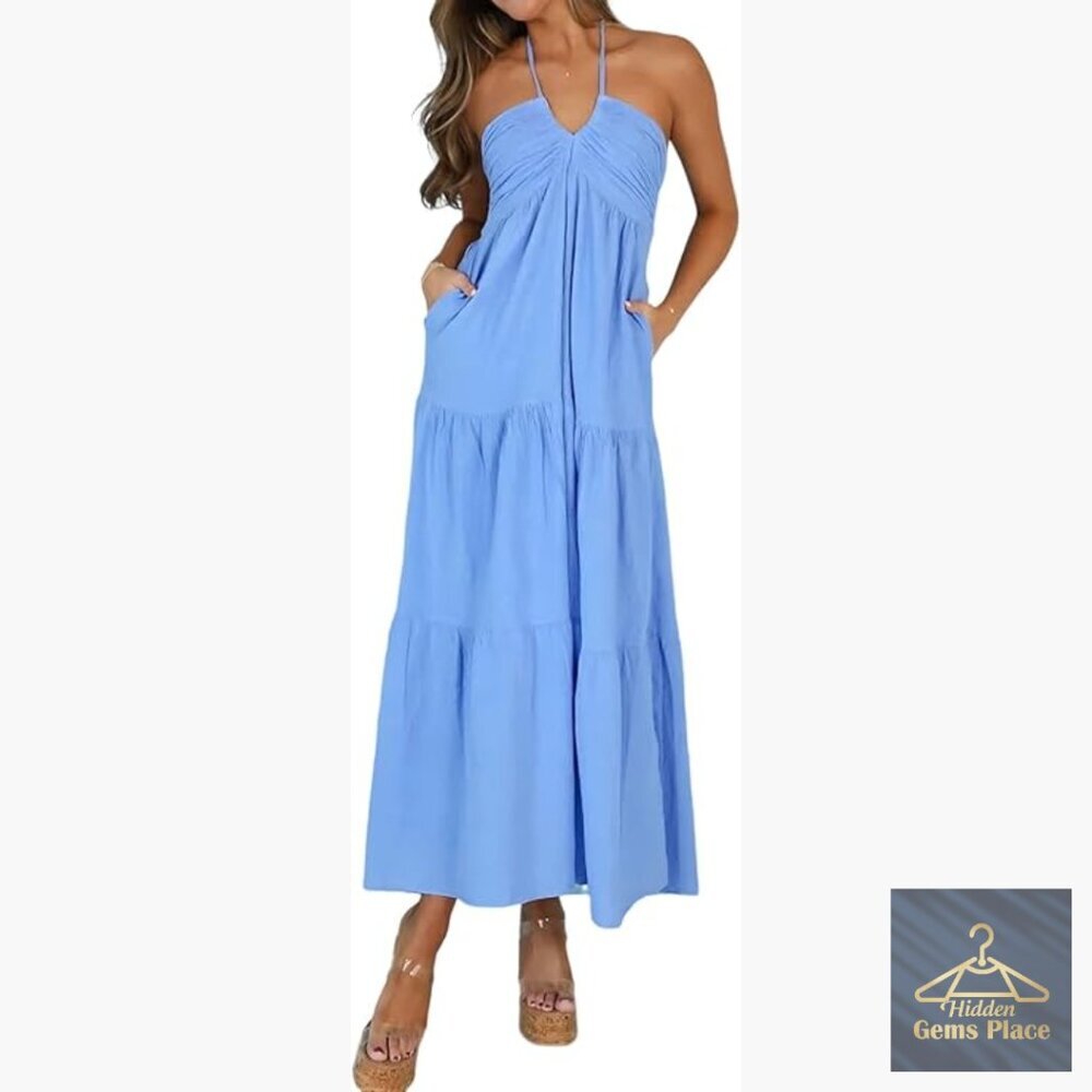 Cotton Maxi Dress with Pockets, Halter Neck, Backless, High Waist - Picture 1 of 5